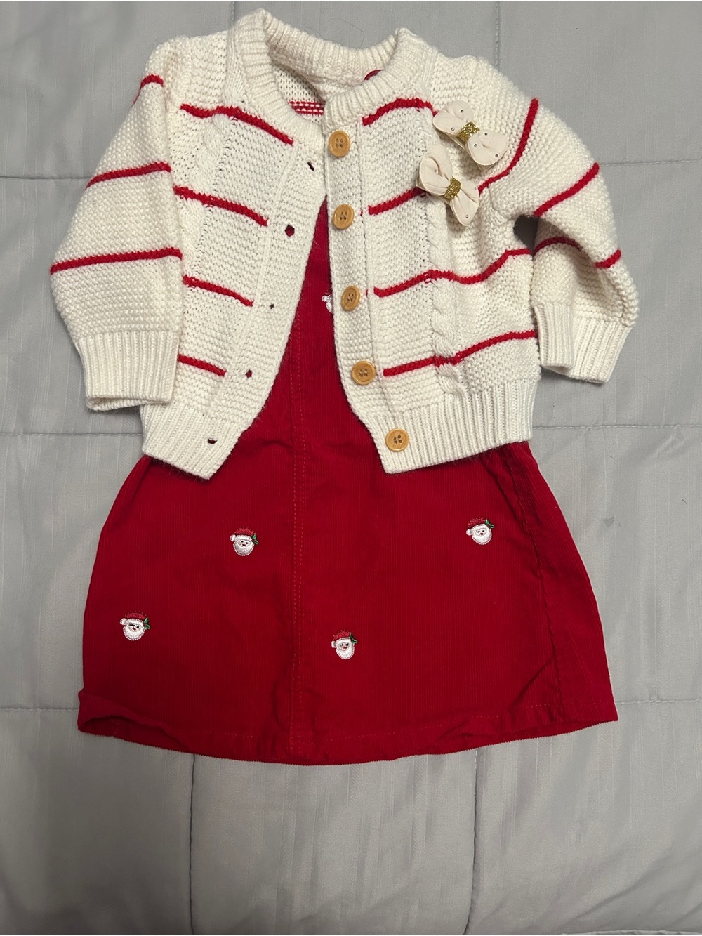 Girls Red Corduroy Dress with Cream Striped Knit Cardigan